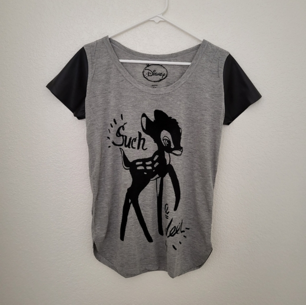 Disney Women's Juniors Bambi Such A Deer Faux Leather Sleeve Graphic T-shirt MD - Picture 4 of 4